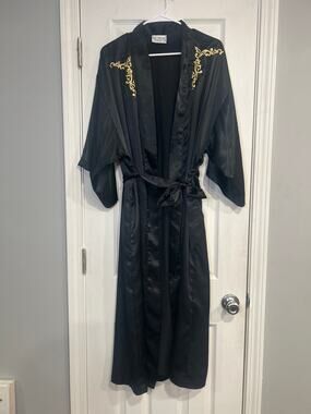 Vintage Val Mode Lingerie Black Satin Robe Kimono Loungewear 80s 90s Size Medium